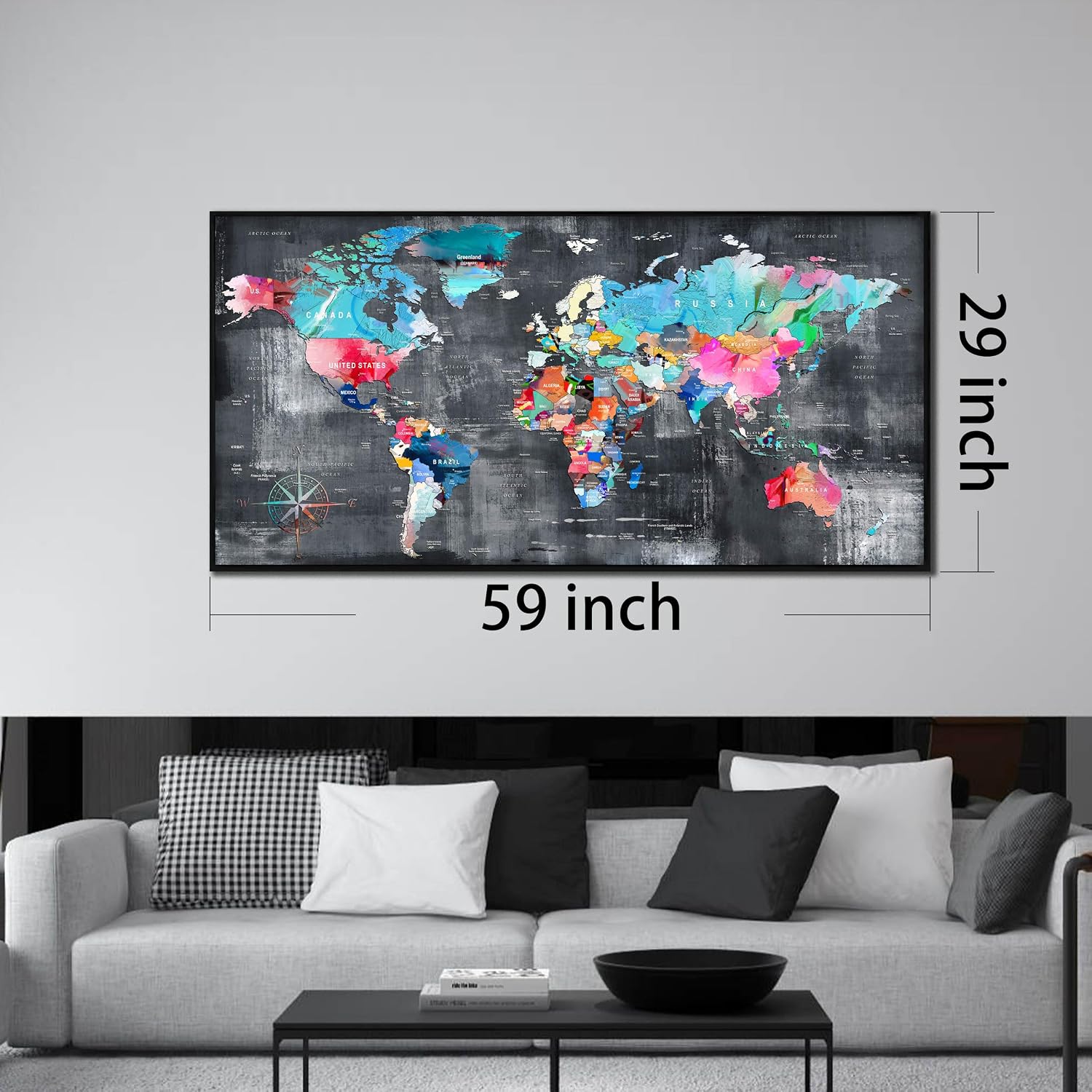ZHAOSHOP World Map Canvas Wall Art with Frame - Office Artwork Wall Decor - Teal and Gray Wall Art for Living Room Large Size Ready to Hang Size 29' x 59'