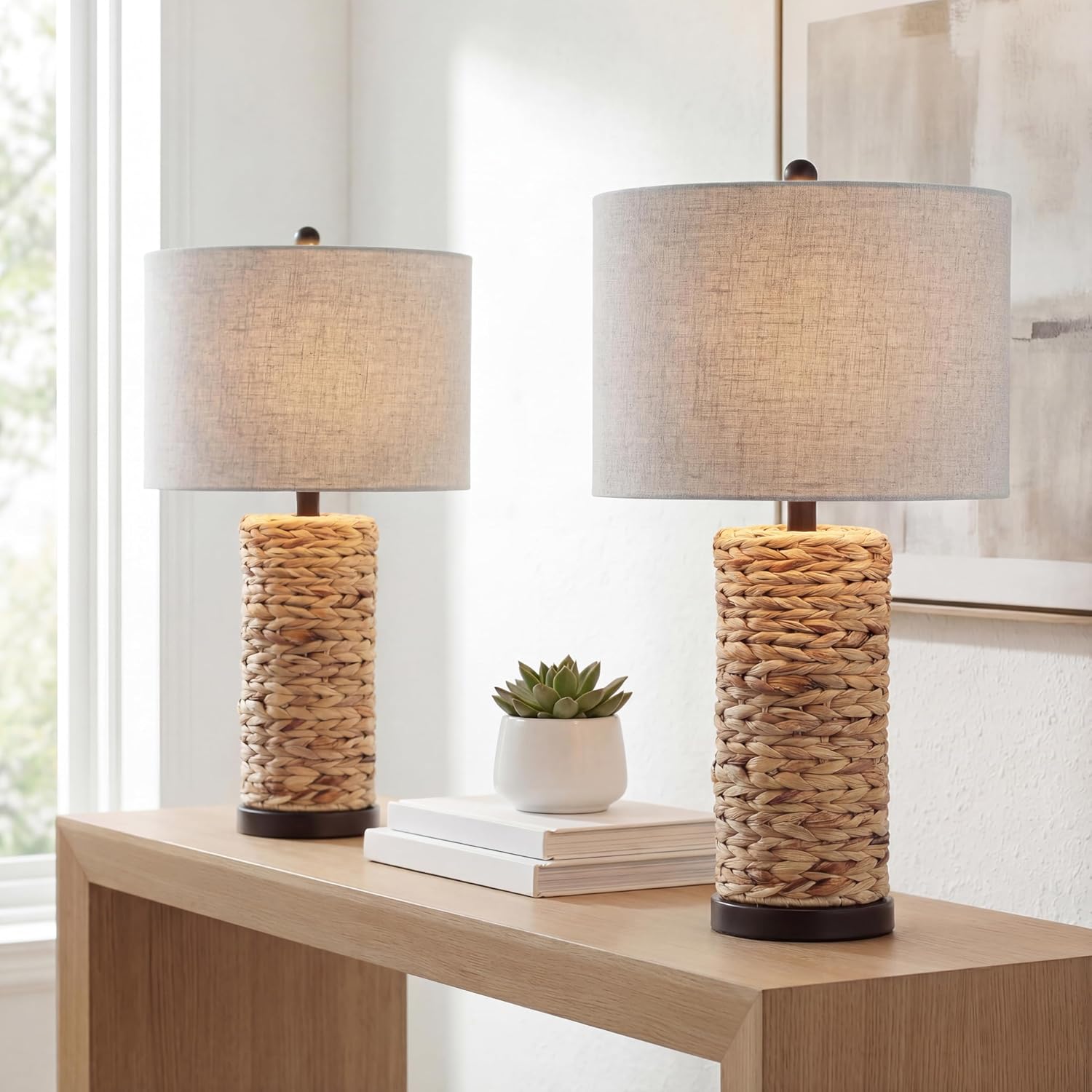 JONATHAN Y 25' Natural Coastal Water Hyacinth Table Lamp Set of 2, Bedside Lamp with Light Grey Linen Shade, Boho Farmhouse Decor for Living Room Nightstand, LED Bulbs JYL6502A-SET2