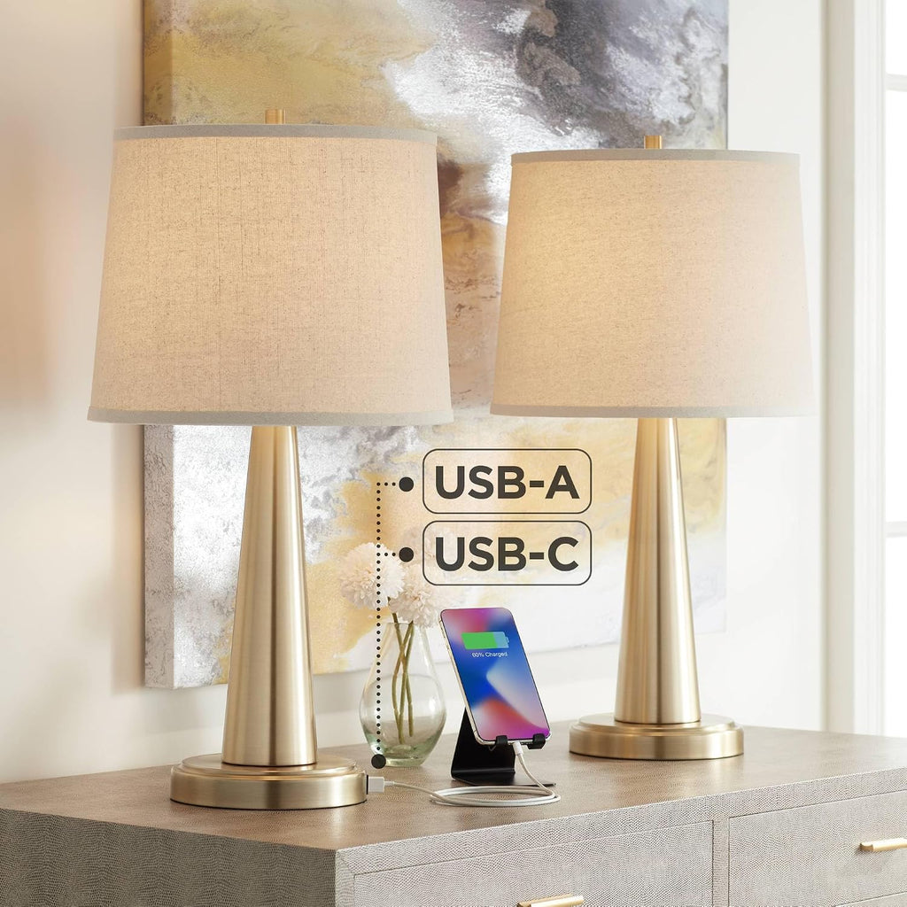 360 Lighting Karla 25' Tall Set of 2 Modern Table Lamps with USB Ports A+C Charging Brass Gold Metal Beige Fabric Drum Shade for Bedroom Living Room House Desk Bedside Nightstand Office Family