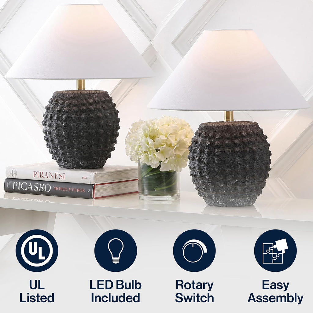JONATHAN Y 18.25' Matte Black Ceramic Hobnail Table Lamp Set of 2 for Bedroom, Modern Minimalist Farmhouse Bedside Nightstand Lamps, White Linen Shade, LED Bulbs Included JYL5601A-SET2
