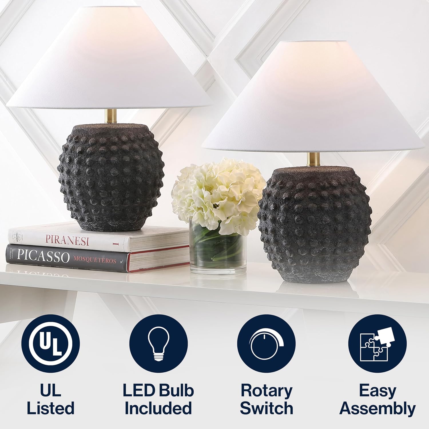 JONATHAN Y 18.25' Matte Black Ceramic Hobnail Table Lamp Set of 2 for Bedroom, Modern Minimalist Farmhouse Bedside Nightstand Lamps, White Linen Shade, LED Bulbs Included JYL5601A-SET2