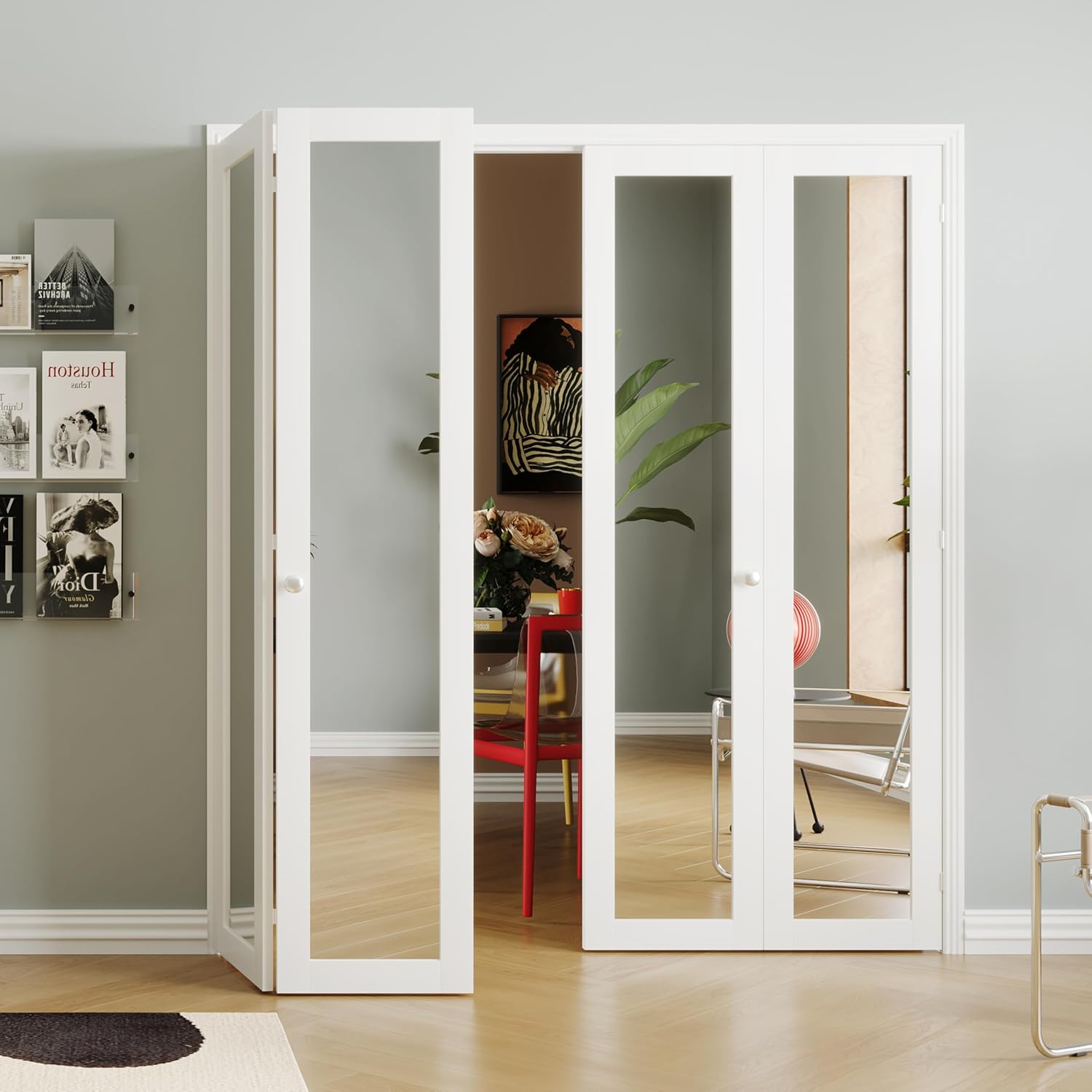 180 Degree Bifold Door, for 24″x 80″ Door Openings, White 1-Lite Mirrored Folding Door with Hinges Hardware Set, Full Access Bifold Closet Doors Perfect for Interior Openings