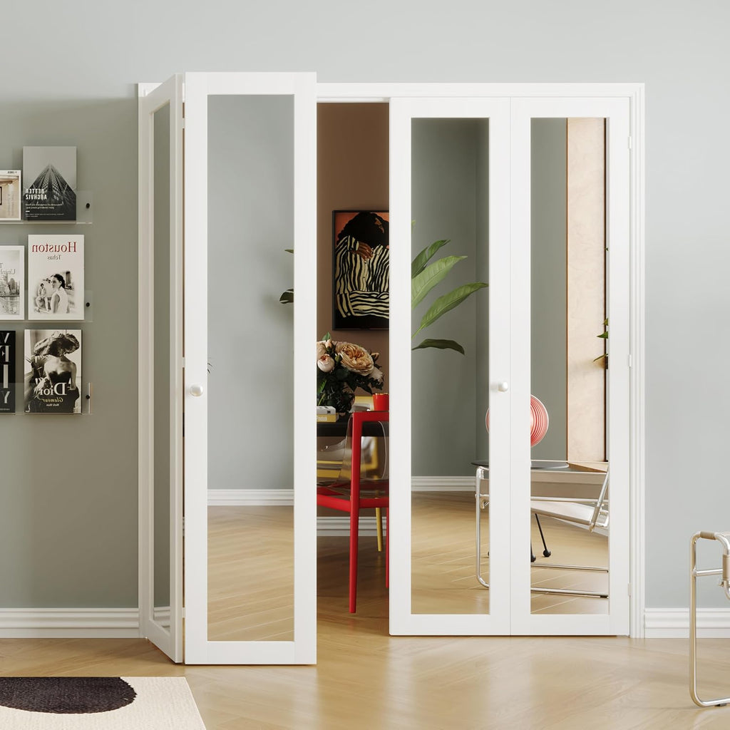 180 Degree Bifold Door, for 36″x 80″ Door Openings, White 1-Lite Mirrored Folding Door with Hinges Hardware Set, Full Access Bifold Closet Doors Perfect for Room Dividers