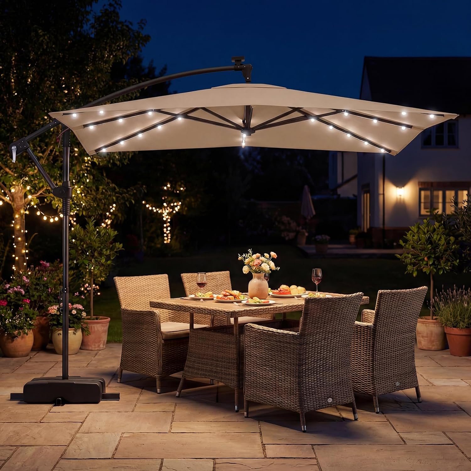 Tangkula 8x8 FT Solar Patio Umbrella with Base Included, Square Offset Cantilever Outdoor Umbrella with 360 Degree Rotation, 32 LED Lights, Crank Handle, 2 Sandbags, 8 Ribs, Air Vent for Pool Deck Garden Backyard