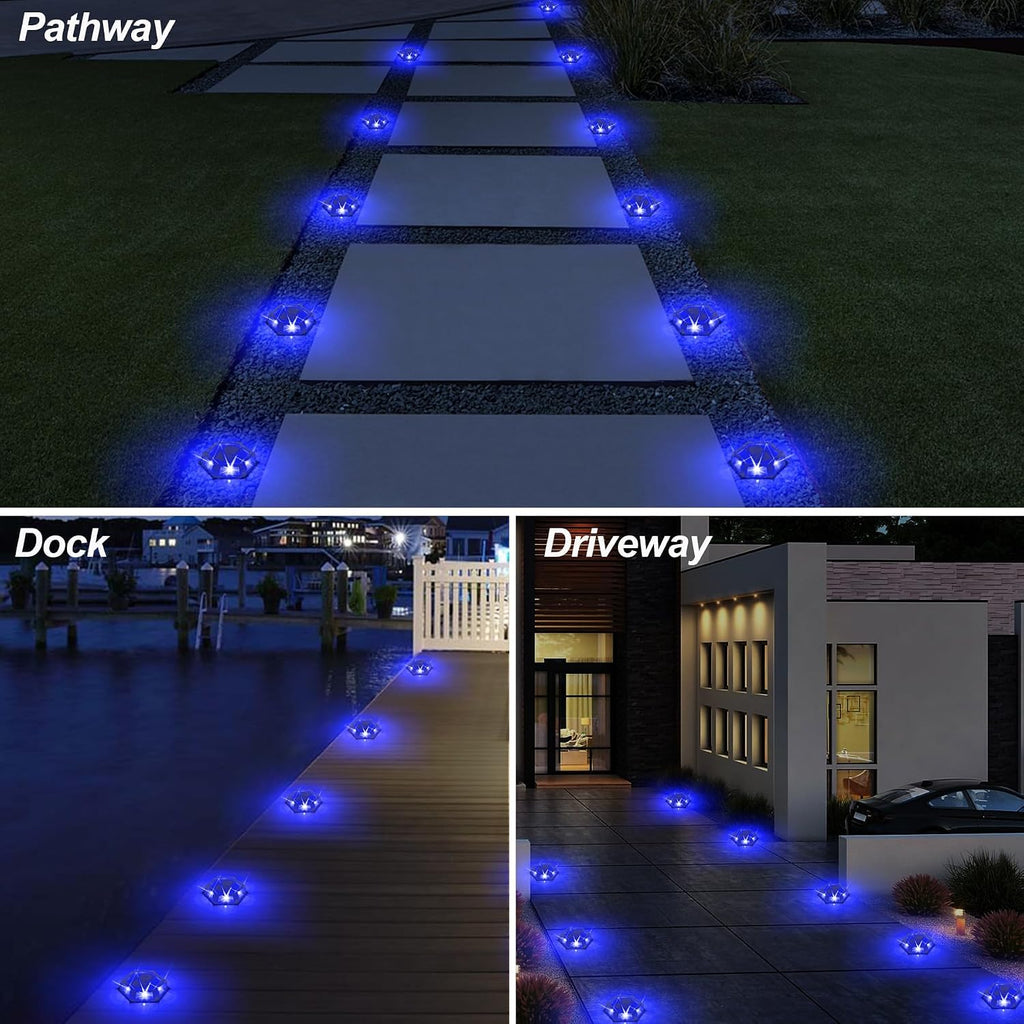 Solar Dock Lights Driveway Deck Lights - 24 Packs Waterproof Outdoor LED Aluminum Dock Lighting Warning Step Light for Driveway Sidewalk Garden Pathway Yard (Blue)