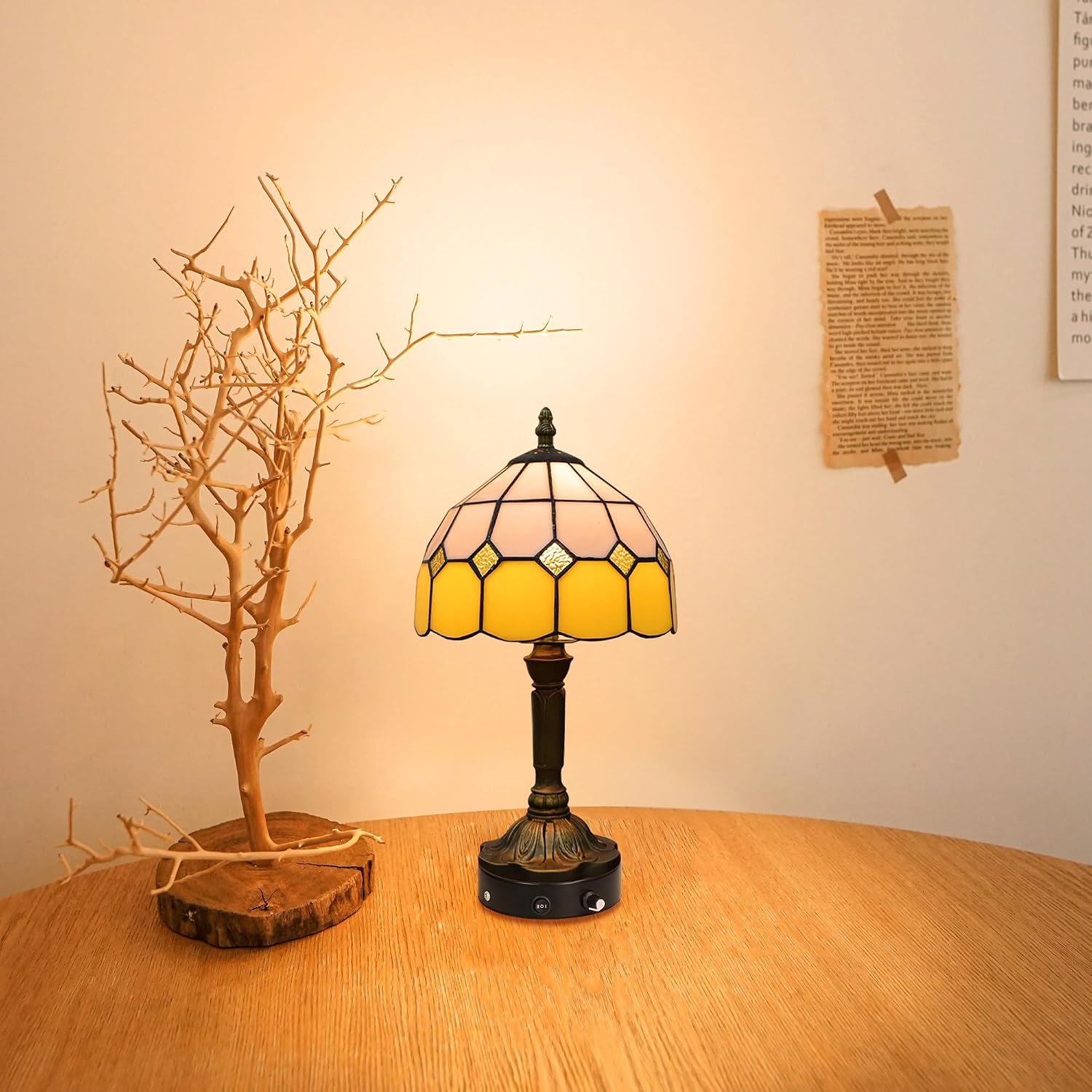 Kiven Cordless Table Lamp, Dimmable Bedside Lamps for Nightstand with Yellow Glass Lampshade, Tiffany-Style Rechargeable Desk Lamp for Reading Home Decor Bedside,1-Light