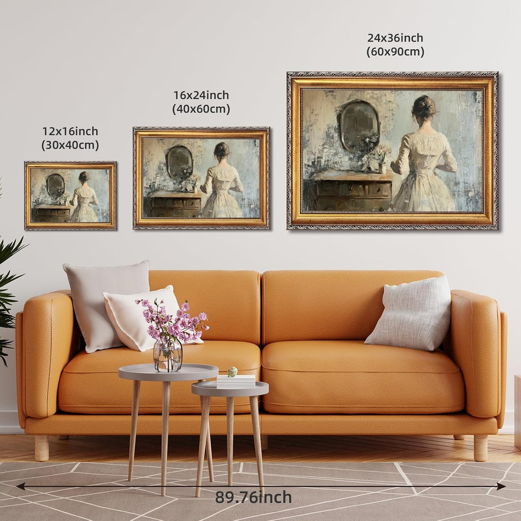 Large Framed Woman at Vanity Mirror Oil Painting Poster Vintage Victorian Female Canvas Wall Art Retro European Romantic Feminine Lady Artwork Print for Bedroom Dressing Room Decor 24x36inch