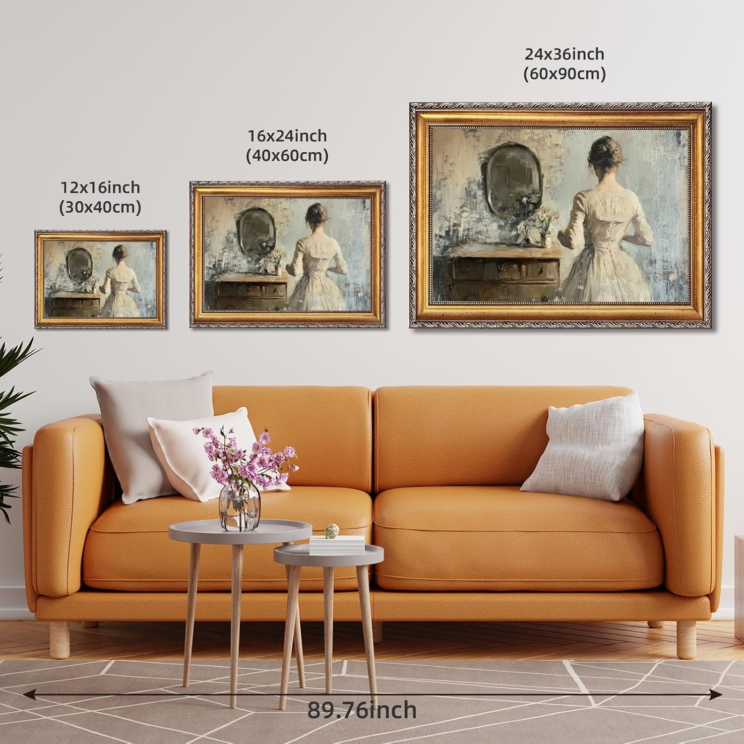 Large Framed Woman at Vanity Mirror Oil Painting Poster Vintage Victorian Female Canvas Wall Art Retro European Romantic Feminine Lady Artwork Print for Bedroom Dressing Room Decor 24x36inch