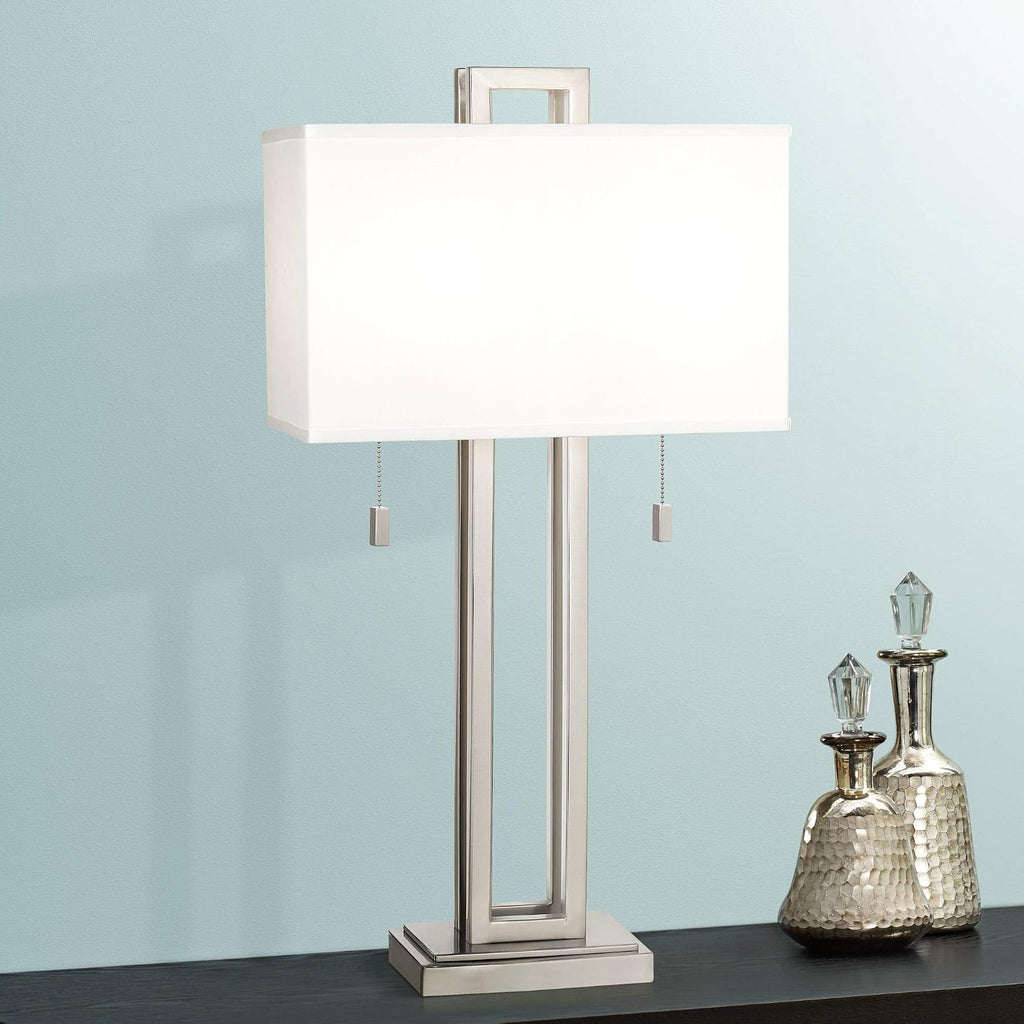 Possini Euro Design Gossard 30' Tall Rectangle Large Modern End Table Lamps Set of 2 Pull Chain Silver Brushed Nickel Finish Metal White Shade Living Room Bedroom Bedside Nightstand House Office