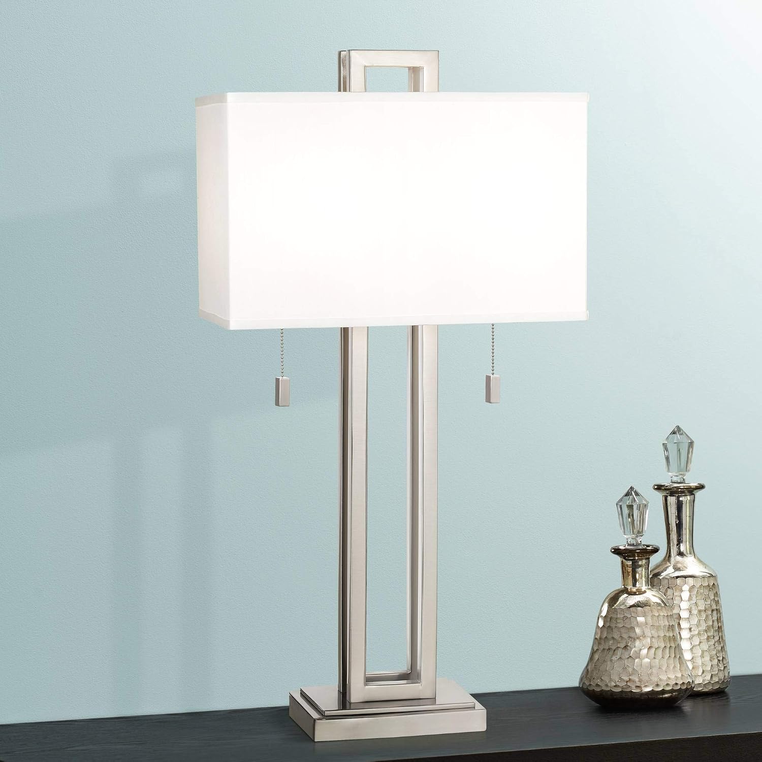 Possini Euro Design Gossard 30' Tall Rectangle Large Modern End Table Lamps Set of 2 Pull Chain Silver Brushed Nickel Finish Metal White Shade Living Room Bedroom Bedside Nightstand House Office