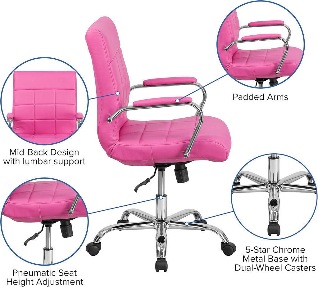 Flash Furniture Vivian Mid-Back Pink Vinyl Executive Swivel Office Chair with Chrome Base and Arms