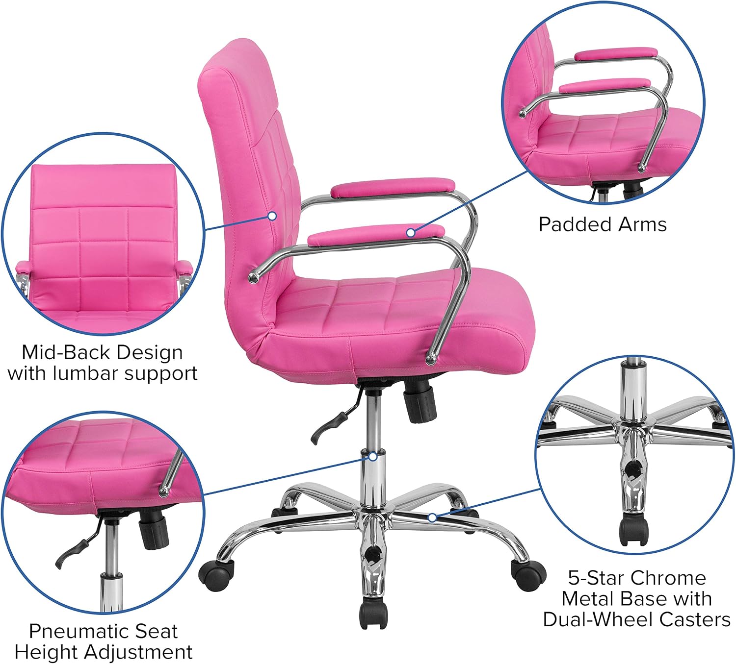 Flash Furniture Vivian Mid-Back Pink Vinyl Executive Swivel Office Chair with Chrome Base and Arms
