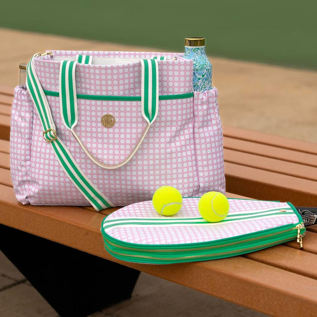Lilly Pulitzer Tennis Tote Bag with Removable Shoulder Strap, Large Tennis Shoulder Bag for Tennis Racket, Pickleball, Racket Sports, Travel Bag, Pink Caning