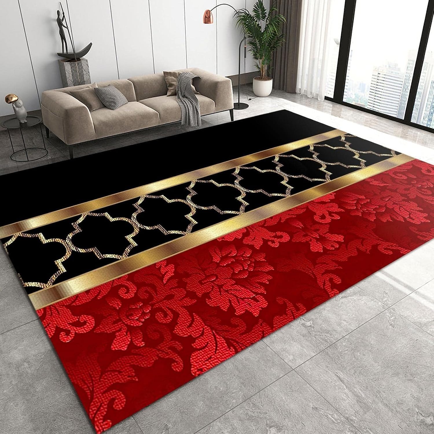Modern European Style Luxury Art Area Rug, Black Red Gold Living Room Rugs, with Anti-Slip Easy Clean Carpet for Living Room Bedroom Kitchen Dining Room Home Office Floor Rug,5 x 7ft
