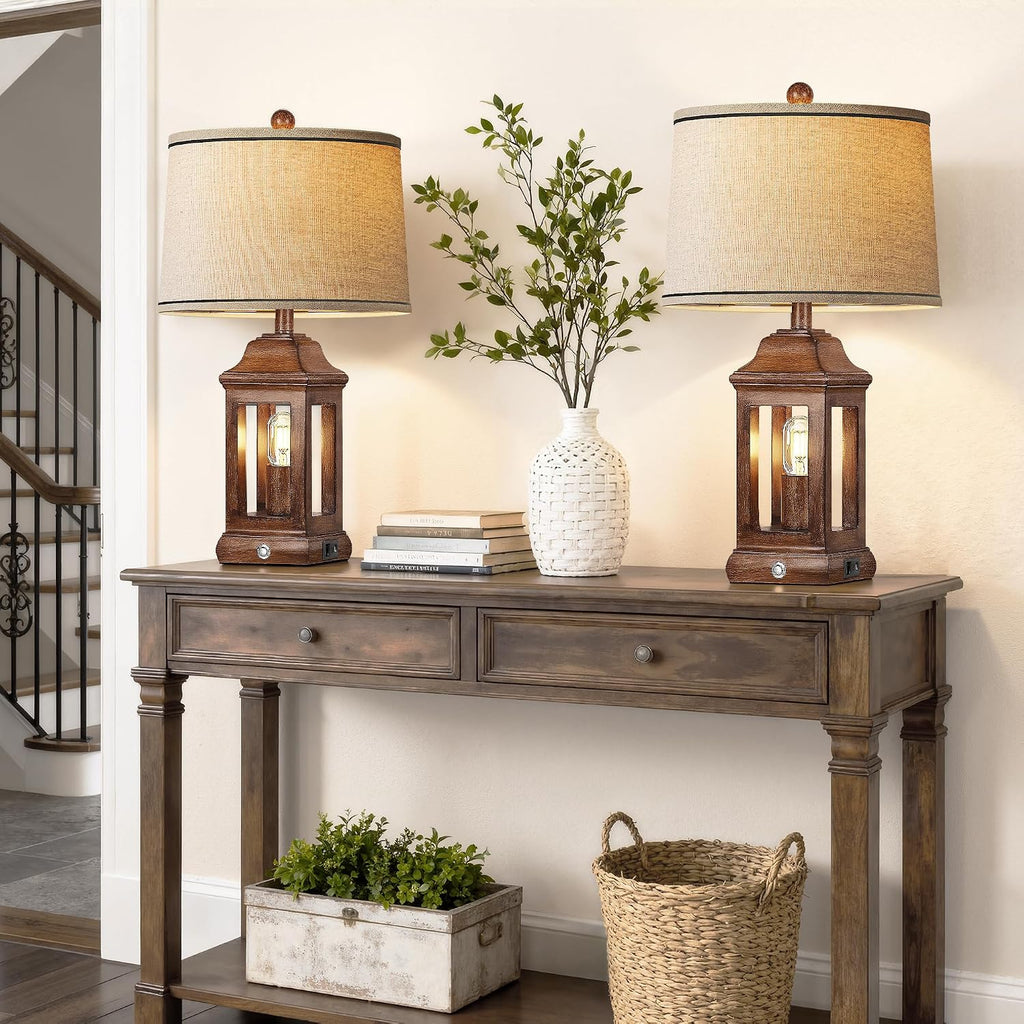 24' Rustic Farmhouse Table Lamps for Living Room Set of 2, Touch Dimmable Nightlight Vintage Bedside Lamps with USB A+C Ports & Dual Light Sources for Bedroom Nightstand End Table, Wood Grain
