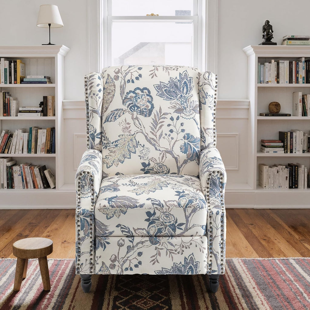 Set of 2 Floral Pushback Recliner Chairs, Fabric Upholstered Rivet Trim Accent Club Chairs for Living Room, Home Theater- Bule Plant