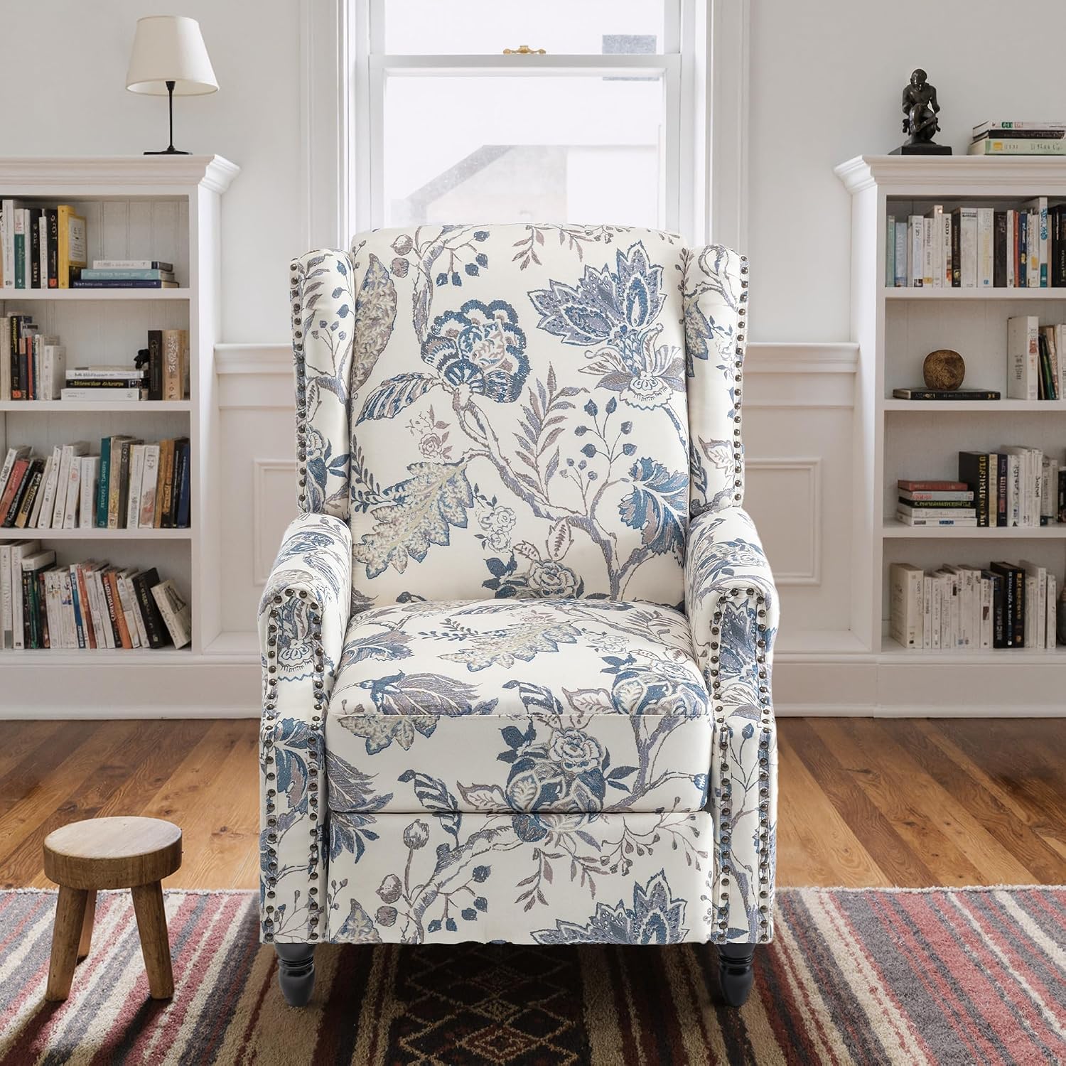 Set of 2 Floral Pushback Recliner Chairs, Fabric Upholstered Rivet Trim Accent Club Chairs for Living Room, Home Theater- Bule Plant