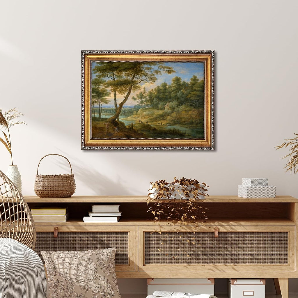 Framed Classical Forest Landscape Painting with Shepherds Canvas Wall Art Print European Countryside Poster Trees and Meadows Picture Vintage Farmhouse Scenic Artwork Decor for Home Office 24x36inch