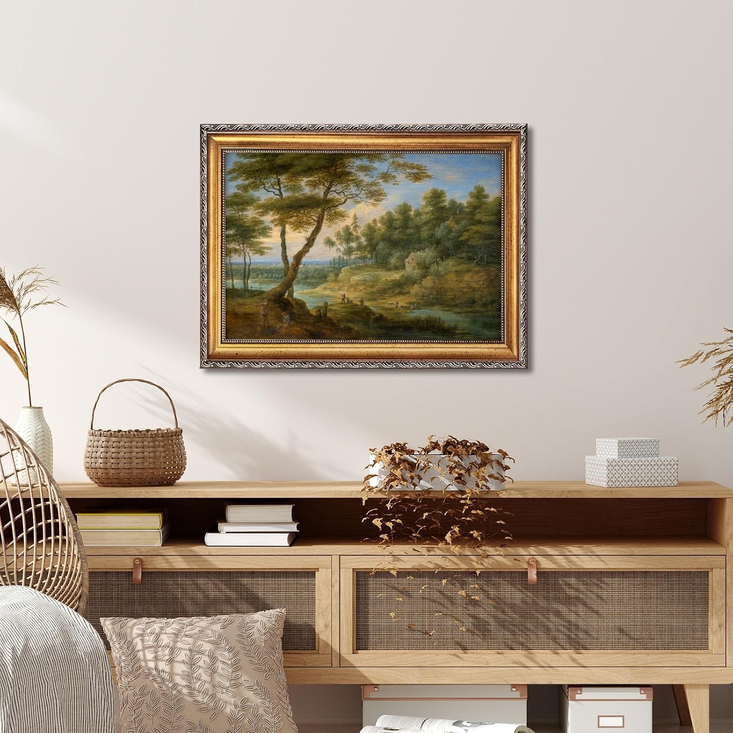 Framed Classical Forest Landscape Painting with Shepherds Canvas Wall Art Print European Countryside Poster Trees and Meadows Picture Vintage Farmhouse Scenic Artwork Decor for Home Office 24x36inch