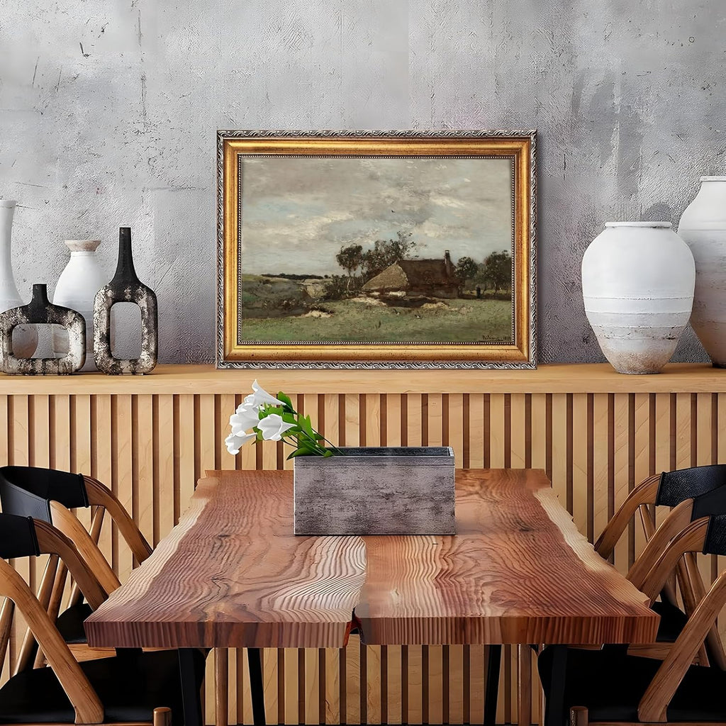 Large Framed Pastoral European Farm Landscape Art Painting Rustic Rural Scene Nature Canvas Wall Art Vintage Farmhouse Pictures Decor Natural Country Print Artwork for Living Room Bedroom 24x36inch