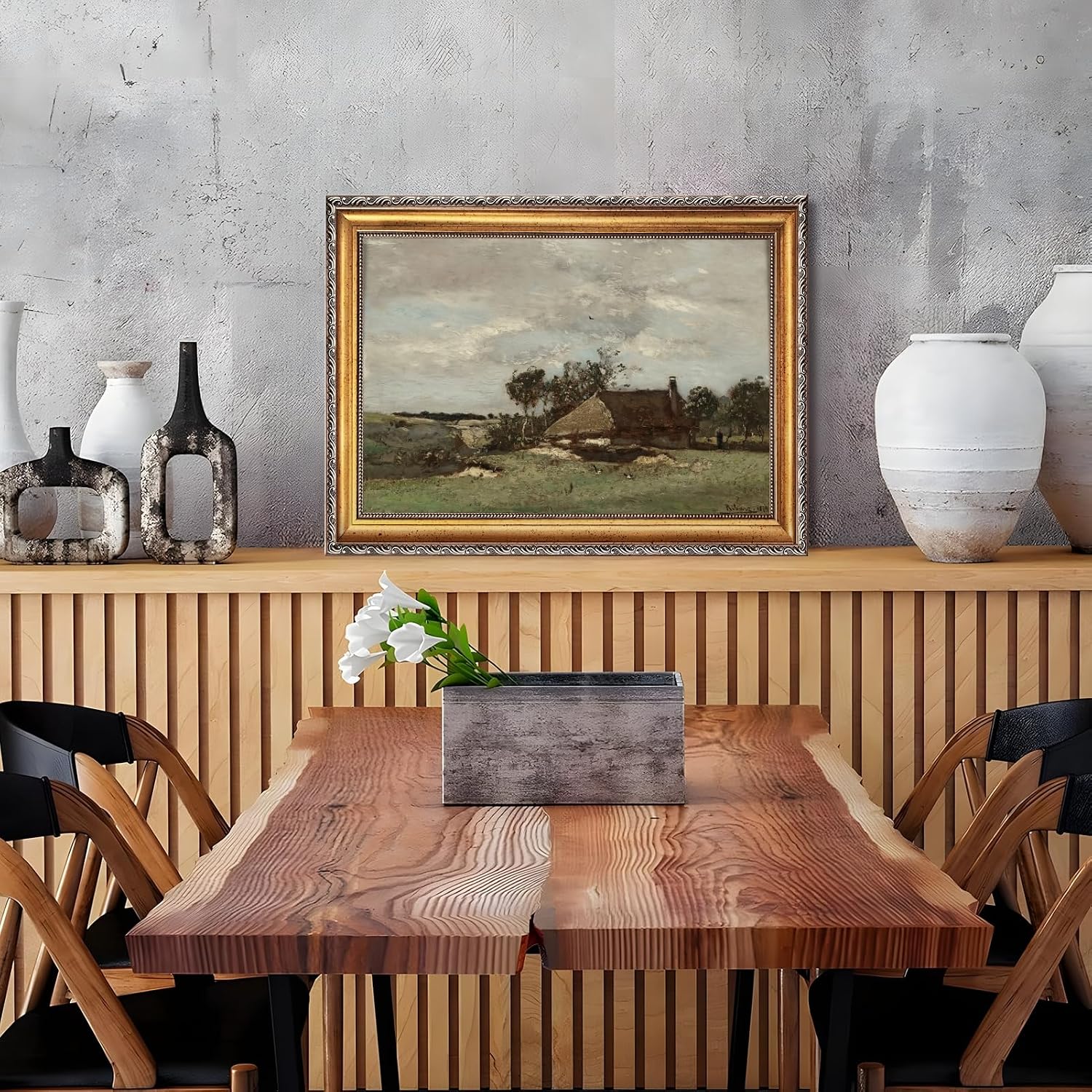 Large Framed Pastoral European Farm Landscape Art Painting Rustic Rural Scene Nature Canvas Wall Art Vintage Farmhouse Pictures Decor Natural Country Print Artwork for Living Room Bedroom 24x36inch