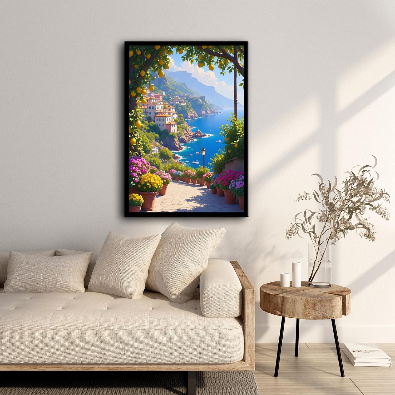 Italian Amalfi Coast Lemon Tree Garden Amalfi Coast Landscape | Metal Framed canvas, for event venues, mediterranean style, temporary venue decor, mediterranean theme styling