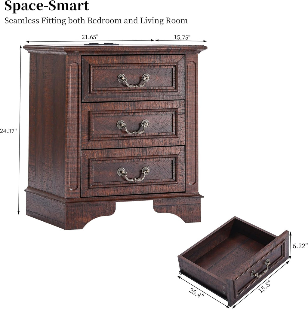Farmhouse Night Stand with Charging Station, Bedside Table with 3 Drawers Storage and Outlets, Wood Nightstand for Bedroom, Living Room, Closet (Dark Brown)
