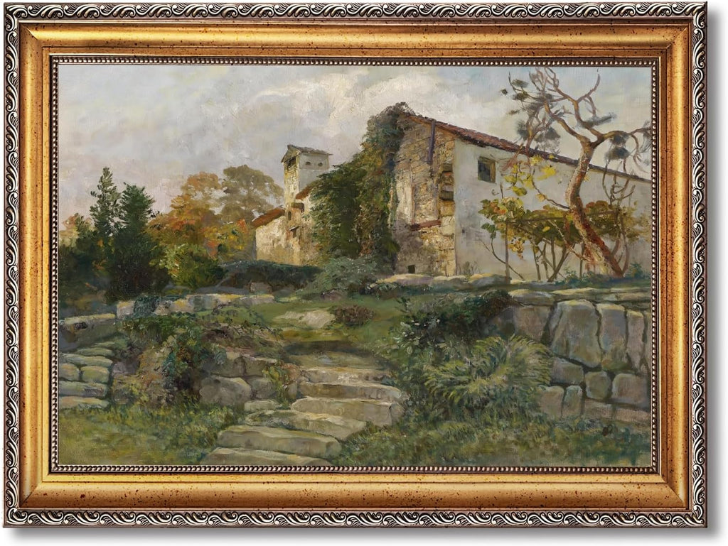 Large Framed Vintage European Countryside Village Wall Art Canvas Print Rustic Farmhouse Landscape Painting with Cottages Trees Pastoral Artwork Picture Decor for Living Room Bedroom Office 24X36inch