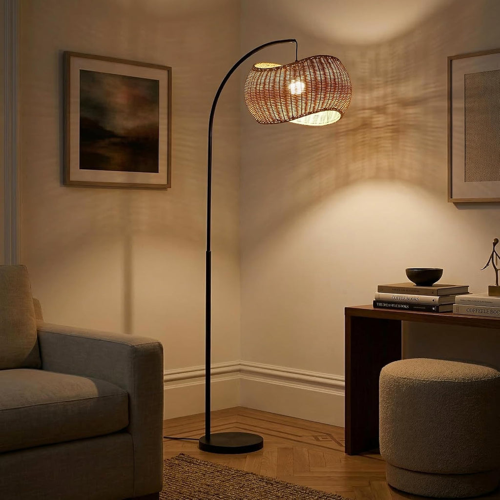 Brightech Wave Arc Floor Lamp - Chic Standing Lamp with Unique Hanging Wicker Pendant Shade for Living Room, Boho Rattan Natural Decor Lamp, Arcs Over Sofa, Bedroom & Office Desk for Reading - Black