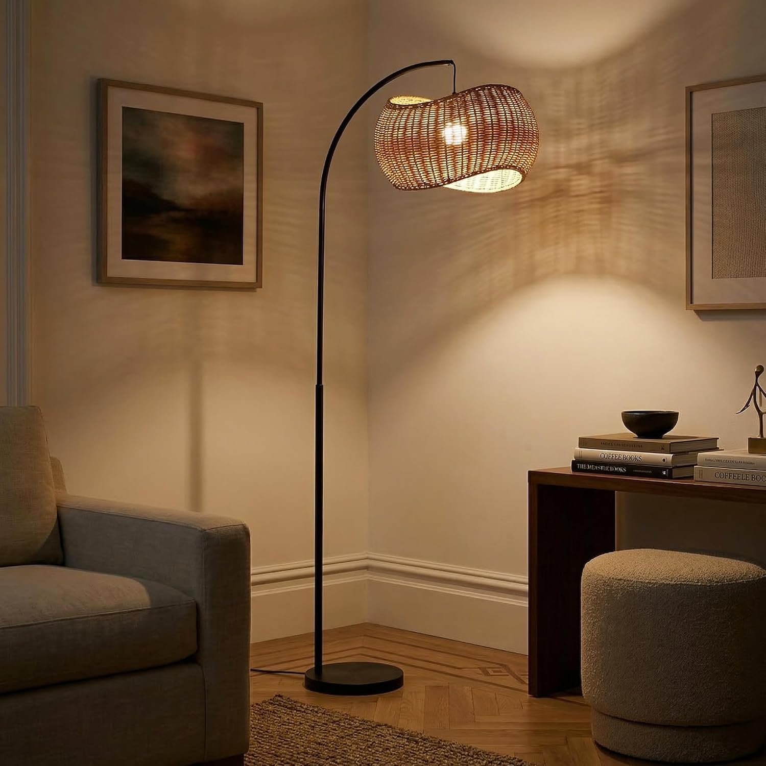 Brightech Wave Arc Floor Lamp - Chic Standing Lamp with Unique Hanging Wicker Pendant Shade for Living Room, Boho Rattan Natural Decor Lamp, Arcs Over Sofa, Bedroom & Office Desk for Reading - Black