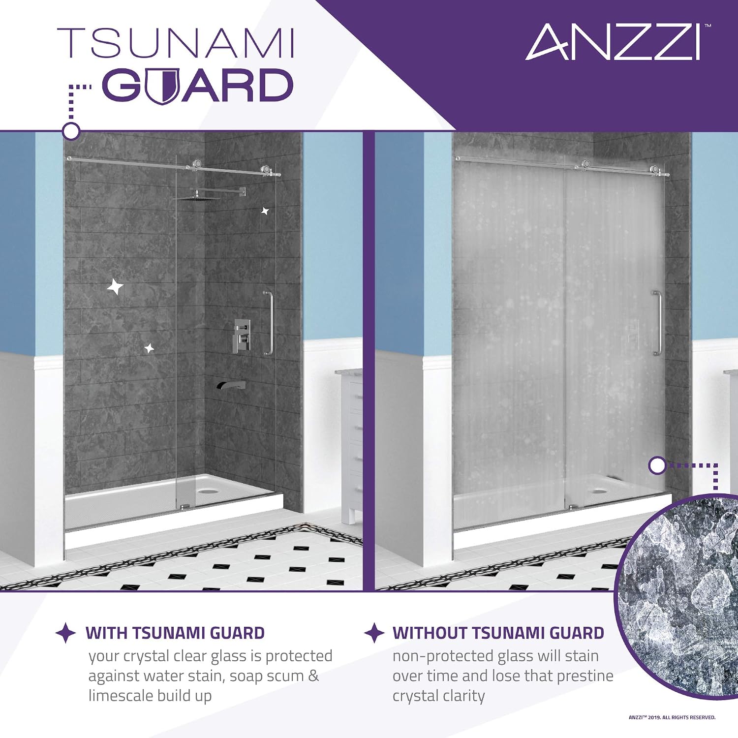 ANZZI 76 x 48 inch Frameless Shower Door | Brushed Nickel | Madam Complete Shower Kit | Water Repellent Sliding Glass Panel + Bottom Seal Strip Parts + Easy Glide Rollers | SD-AZ13-01BN