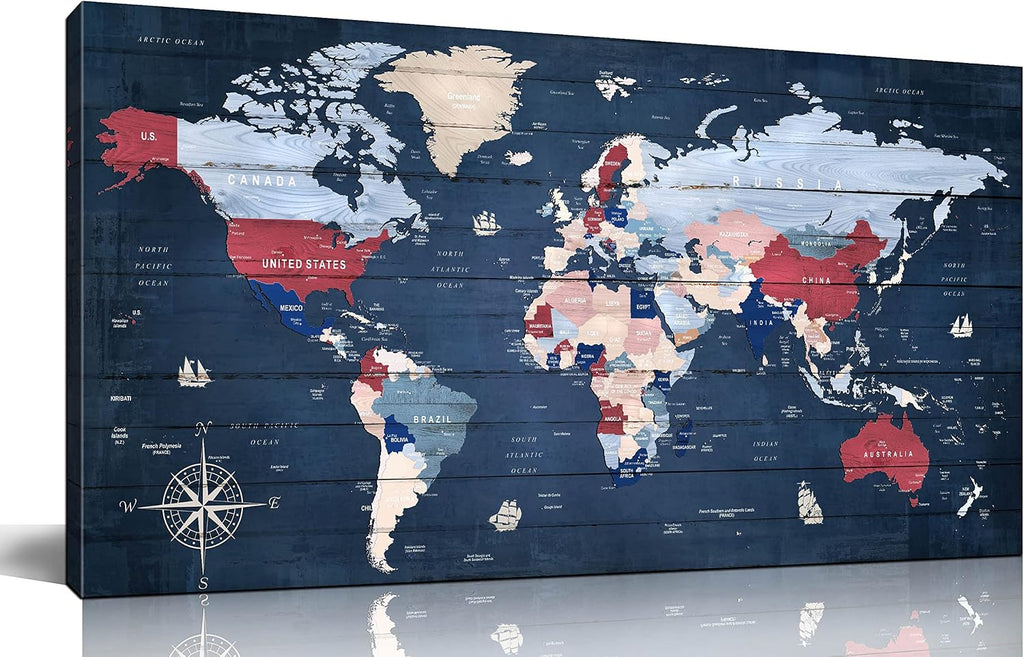 ZHAOSHOP World Maps for Wall - Blue Wall Decor for Living Room - World Map Canvas Wall Art Ready to Hang Size 59' x 29'