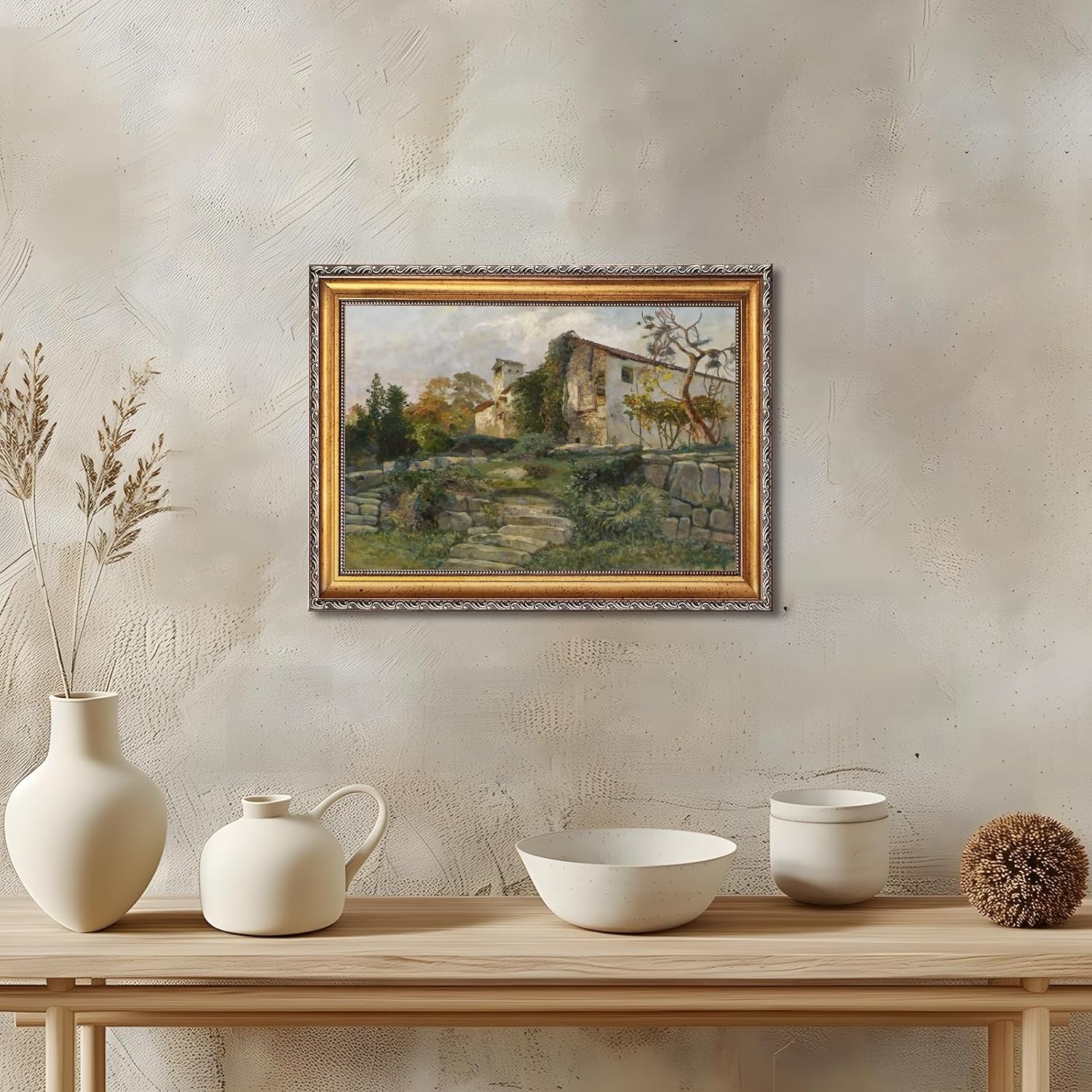 Large Framed Vintage European Countryside Village Wall Art Canvas Print Rustic Farmhouse Landscape Painting with Cottages Trees Pastoral Artwork Picture Decor for Living Room Bedroom Office 24X36inch