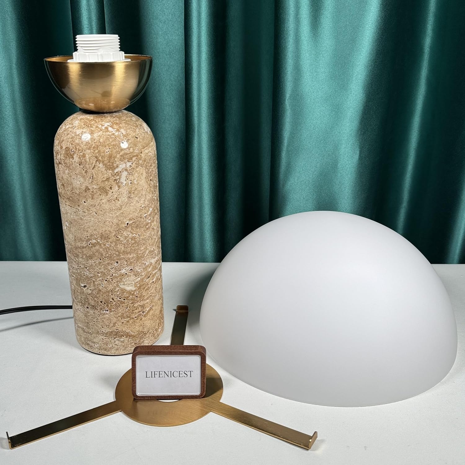 Scandinavian Modern Table Lamp Frosted Glass Shade Travertine Lamp Natural Stone Desk Lamp Mid-Century Dome Bedside Lamps for Living Room Side Lamps Bedroom Nightstand Light