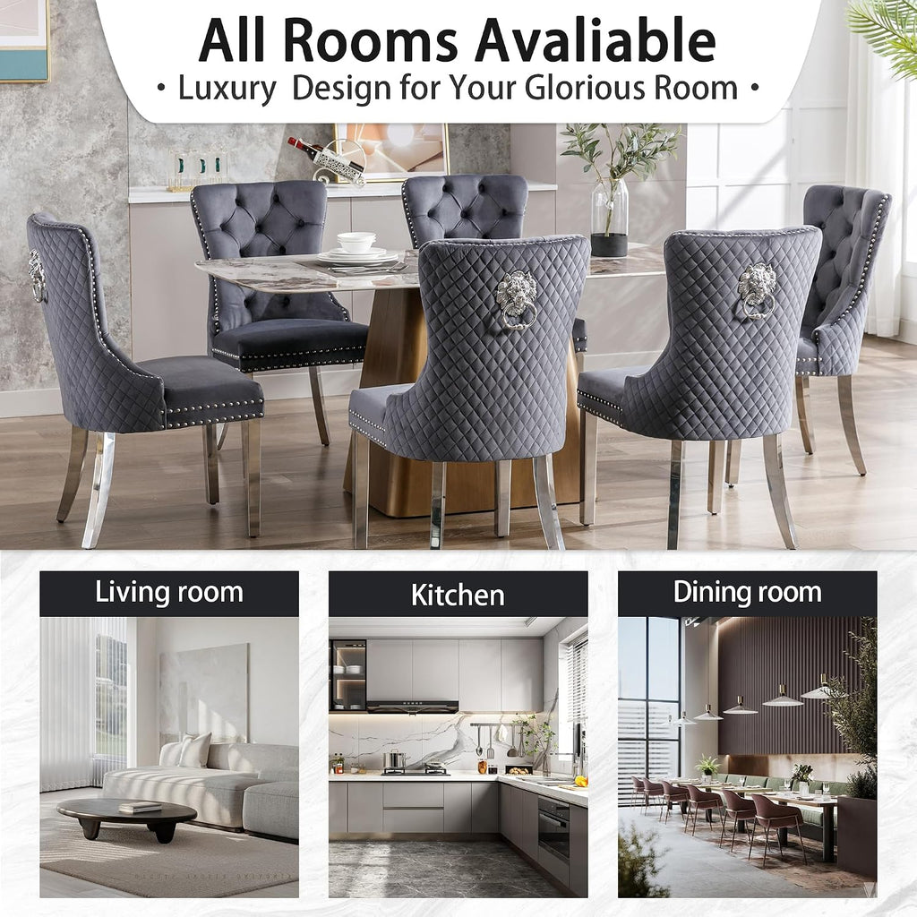 Velvet Dining Chairs Set of 6, Upholstered Dining Room Chairs, Mid-Century Modern Chairs with Diamond Lattice Tufted Back, Lion Pull Ring Rivet Trim, Silver Metal Legs for Kitchen, Dark Grey