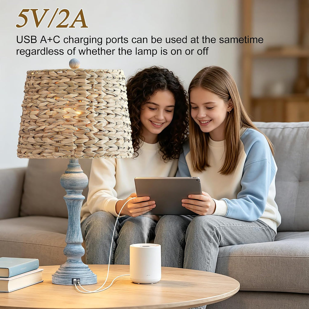 Maxax 26' Boho Rattan Table Lamps Set of 2 with USB A+C Ports, Coastal Bedside Lamps with Rattan Shade, Distressed Antique Blue Farmhouse Wicker Lamps, Rustic Resin Nightstand Lamps for Living Room