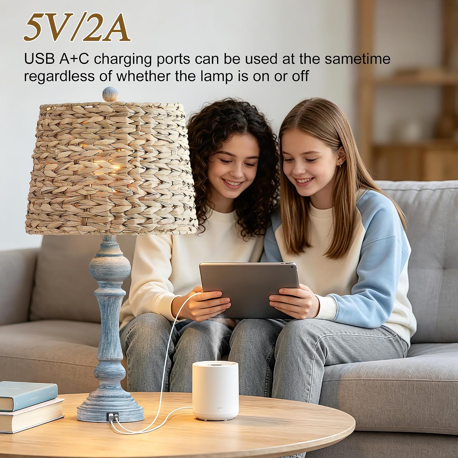 Maxax 26' Boho Rattan Table Lamps Set of 2 with USB A+C Ports, Coastal Bedside Lamps with Rattan Shade, Distressed Antique Blue Farmhouse Wicker Lamps, Rustic Resin Nightstand Lamps for Living Room