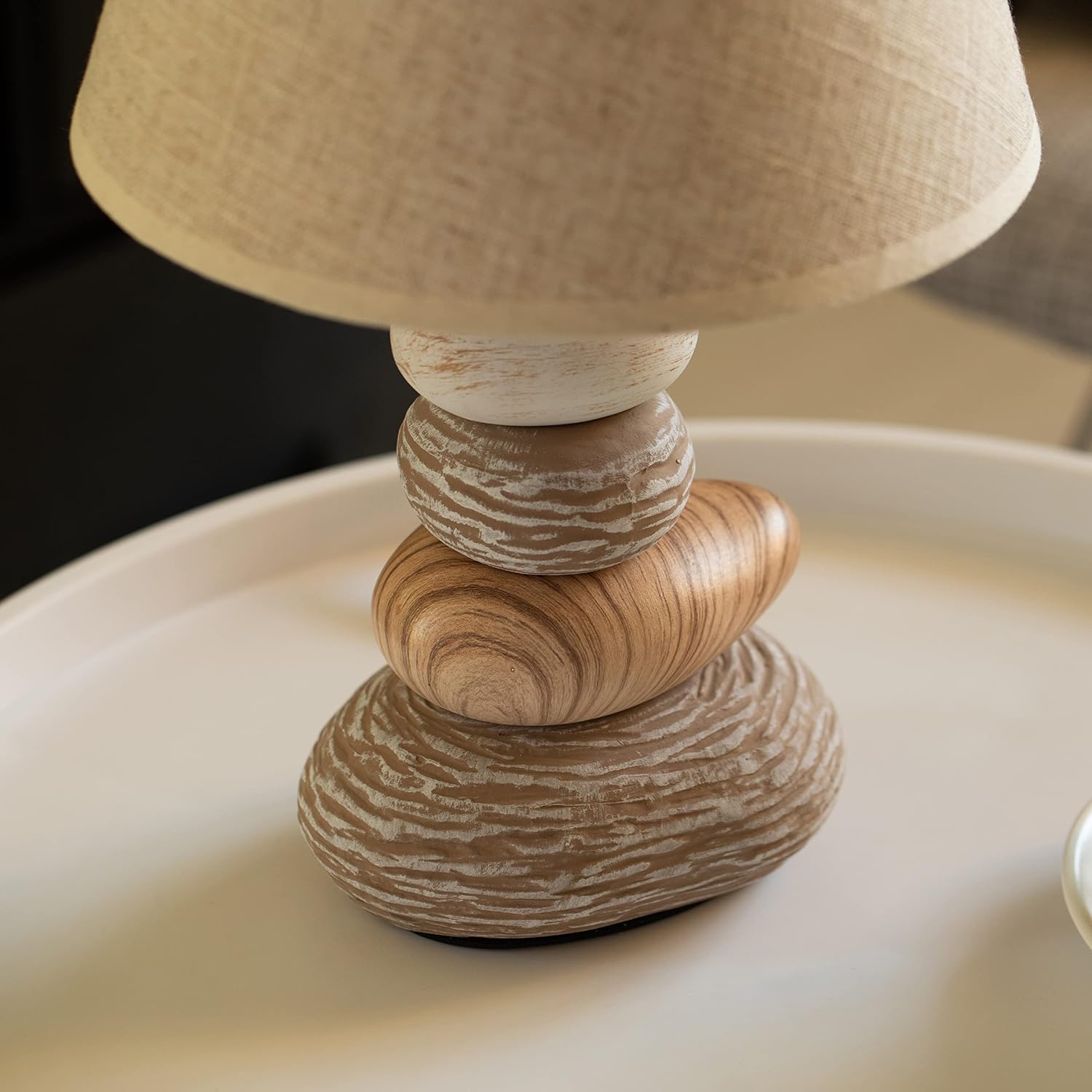 Quickway Imports Designer Table Lamps, Decorative Ceramic Table Lamp, with Beige, Brown, and White Stones and Beige Linen Lampshade, 14 inches Tall, Unique Lamp for Living Room or Bedroom