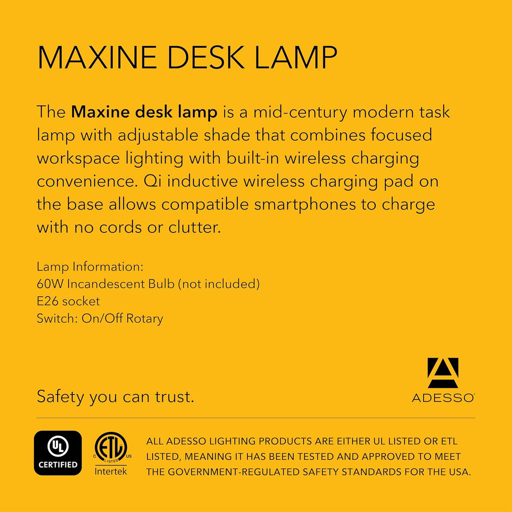 Adesso Desk Lamp – Qi Wireless Charging for Smartphones & USB Port, Adjustable Shade Black and Brass Lamp for Home Office, Dorm, Bedroom, 19' Tall