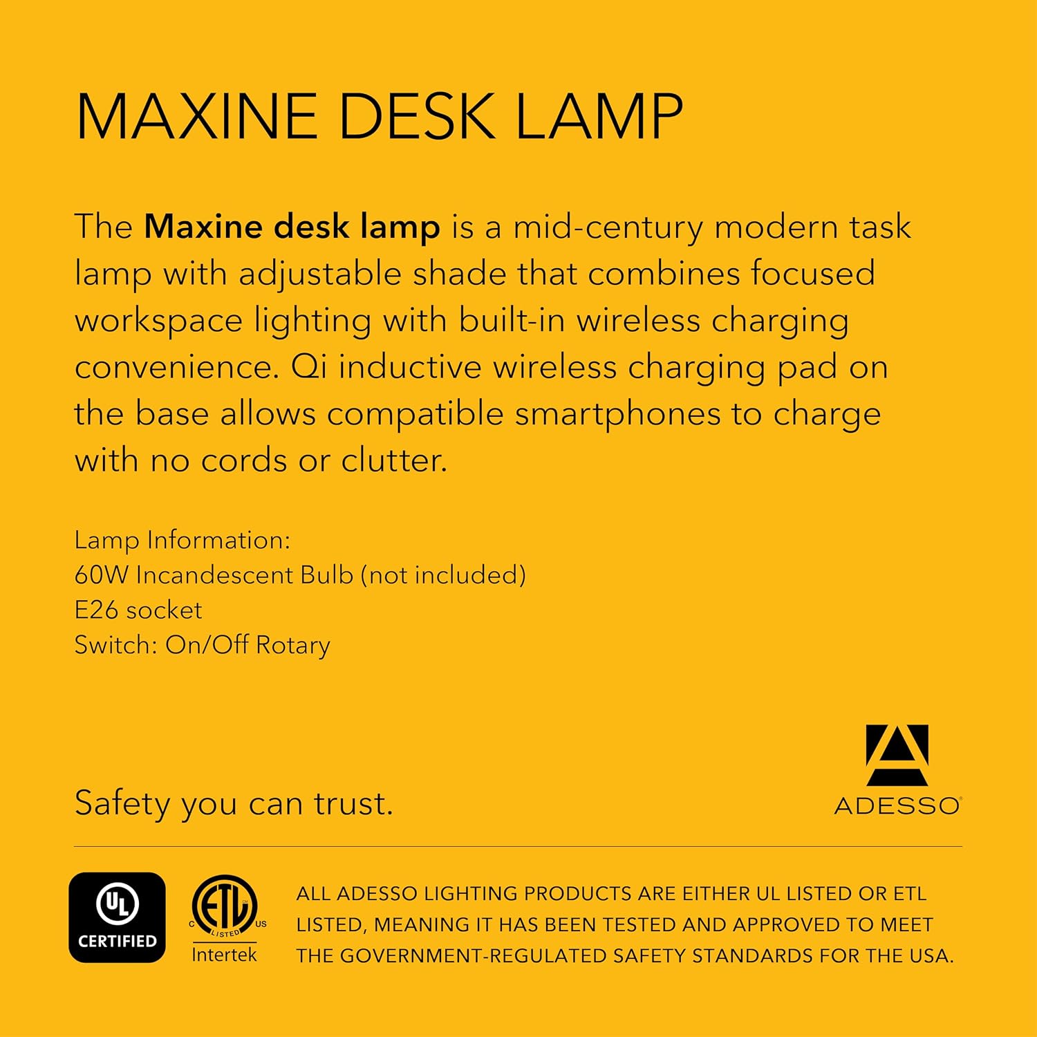 Adesso Desk Lamp – Qi Wireless Charging for Smartphones & USB Port, Adjustable Shade Black and Brass Lamp for Home Office, Dorm, Bedroom, 19' Tall