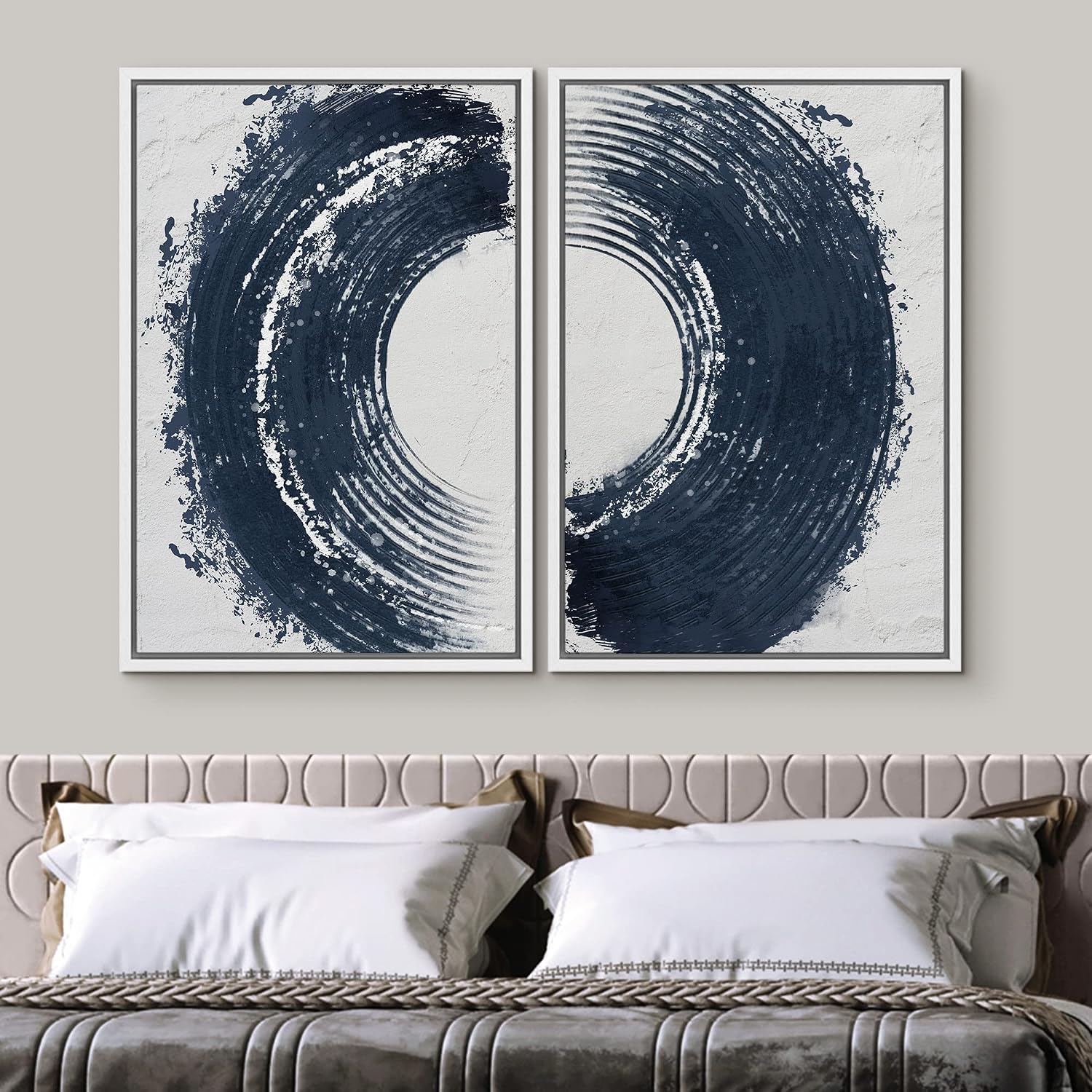 SIGNWIN Framed Canvas Print Wall Art Set Black Gray Pastel Paint Stroke Spiral Ring Abstract Shapes Illustrations Modern Minimal Decorative for Living Room, Bedroom, Office - 24'x36'x2 White