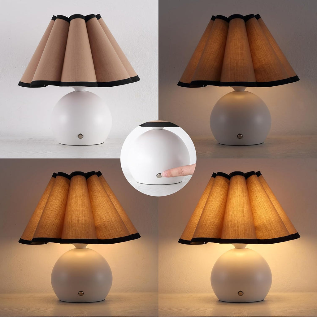 JONATHAN Y 10.5' Ivory Rechargeable Cordless Integrated LED Table Lamps Set of 2, Classic Vintage Scalloped Linen Shade, Dimmable Touch Sensor Accent Lamps JYL7157A-SET2