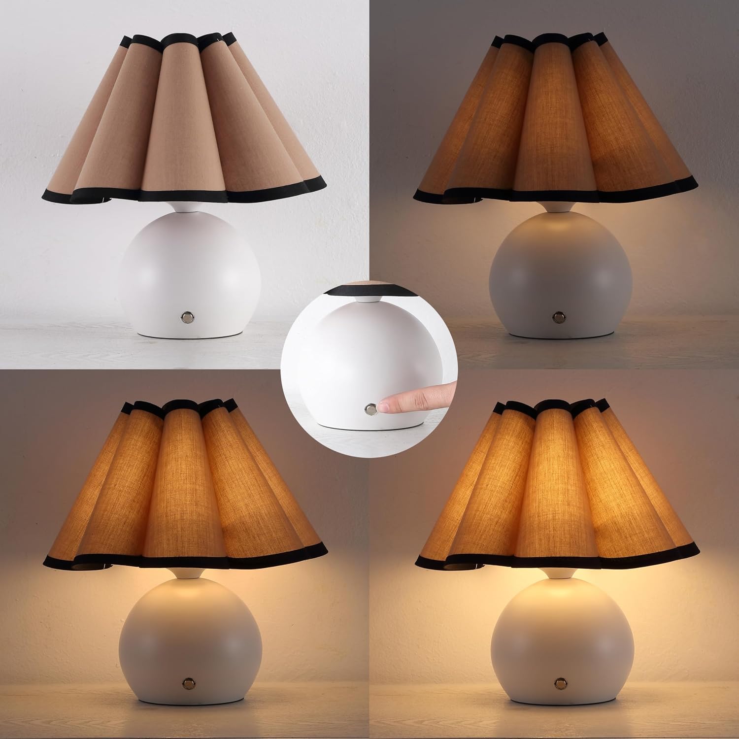 JONATHAN Y 10.5' Ivory Rechargeable Cordless Integrated LED Table Lamps Set of 2, Classic Vintage Scalloped Linen Shade, Dimmable Touch Sensor Accent Lamps JYL7157A-SET2