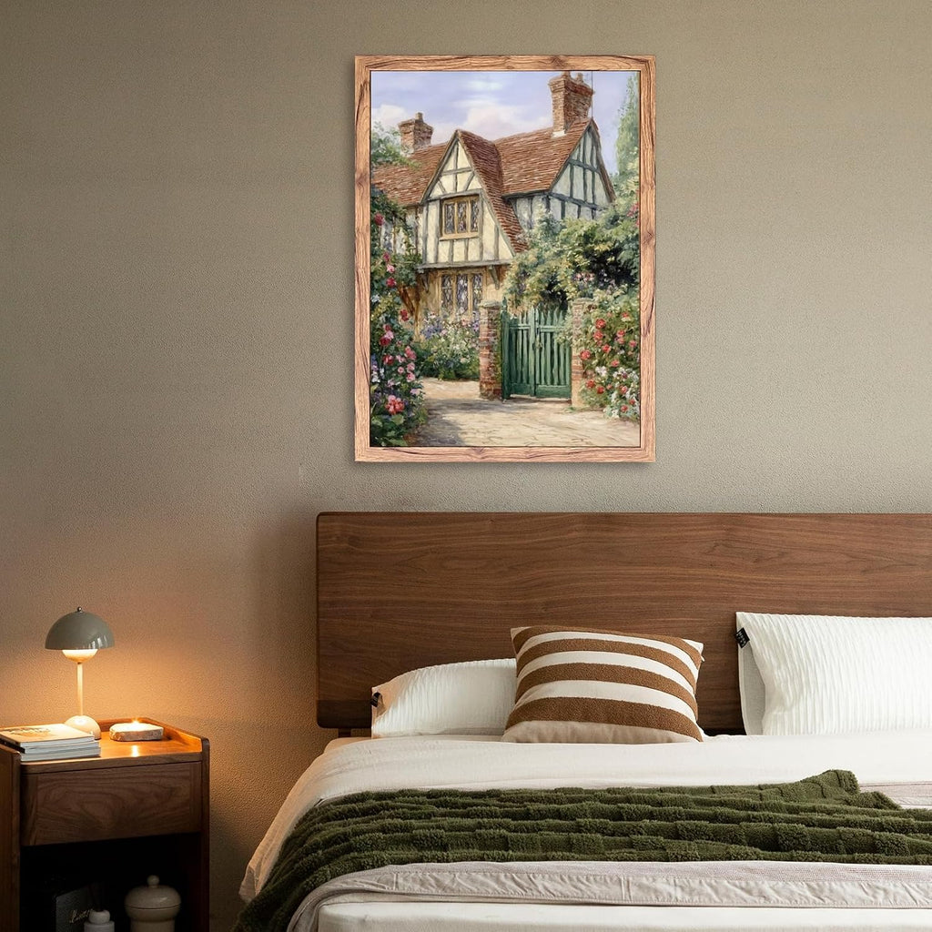 Framed Vintage Cottage House Wall Art Watercolor Flowers Garden Canvas Print European Countryside House Painting Country Home Poster Rustic Nature Picture Decor for Living Room Bedroom 24x36inch