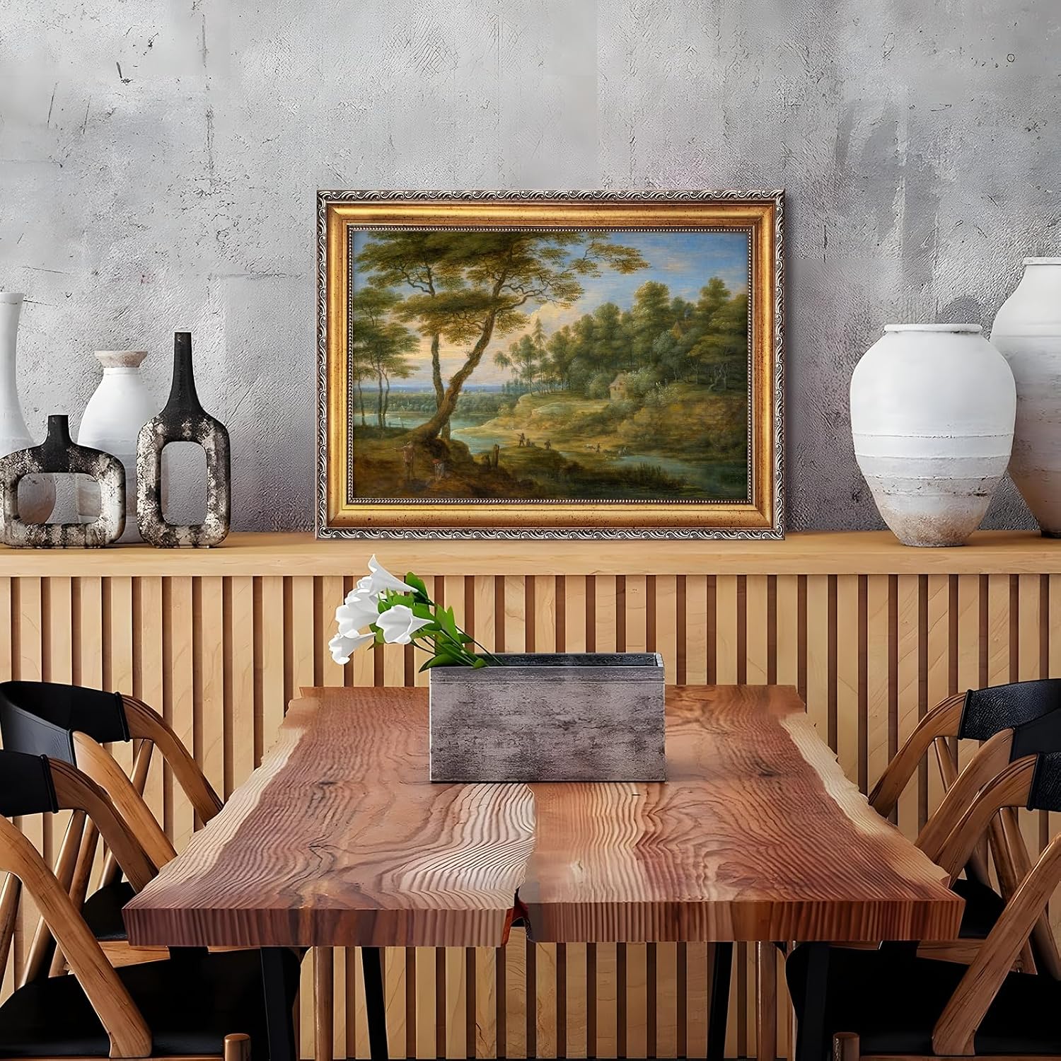 Framed Classical Forest Landscape Painting with Shepherds Canvas Wall Art Print European Countryside Poster Trees and Meadows Picture Vintage Farmhouse Scenic Artwork Decor for Home Office 24x36inch