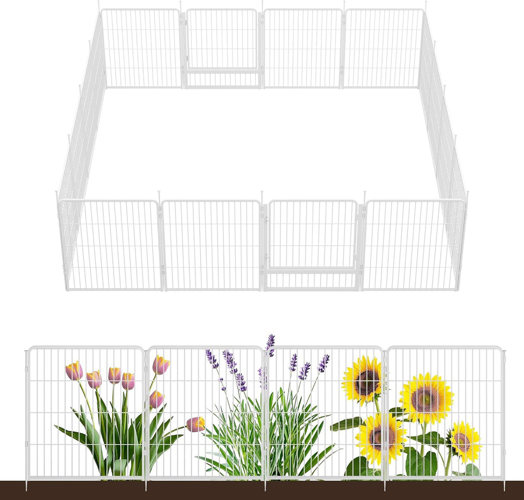 SunsGrove Garden Fence with Gate, 32 in(H) x 35.7 ft(L) 16 Panels Heavy Duty Metal Animal Barrier Fence for Yard, Suitable for Indoor or Outdoor Dog Pet Fence, Garden Fence Border, White