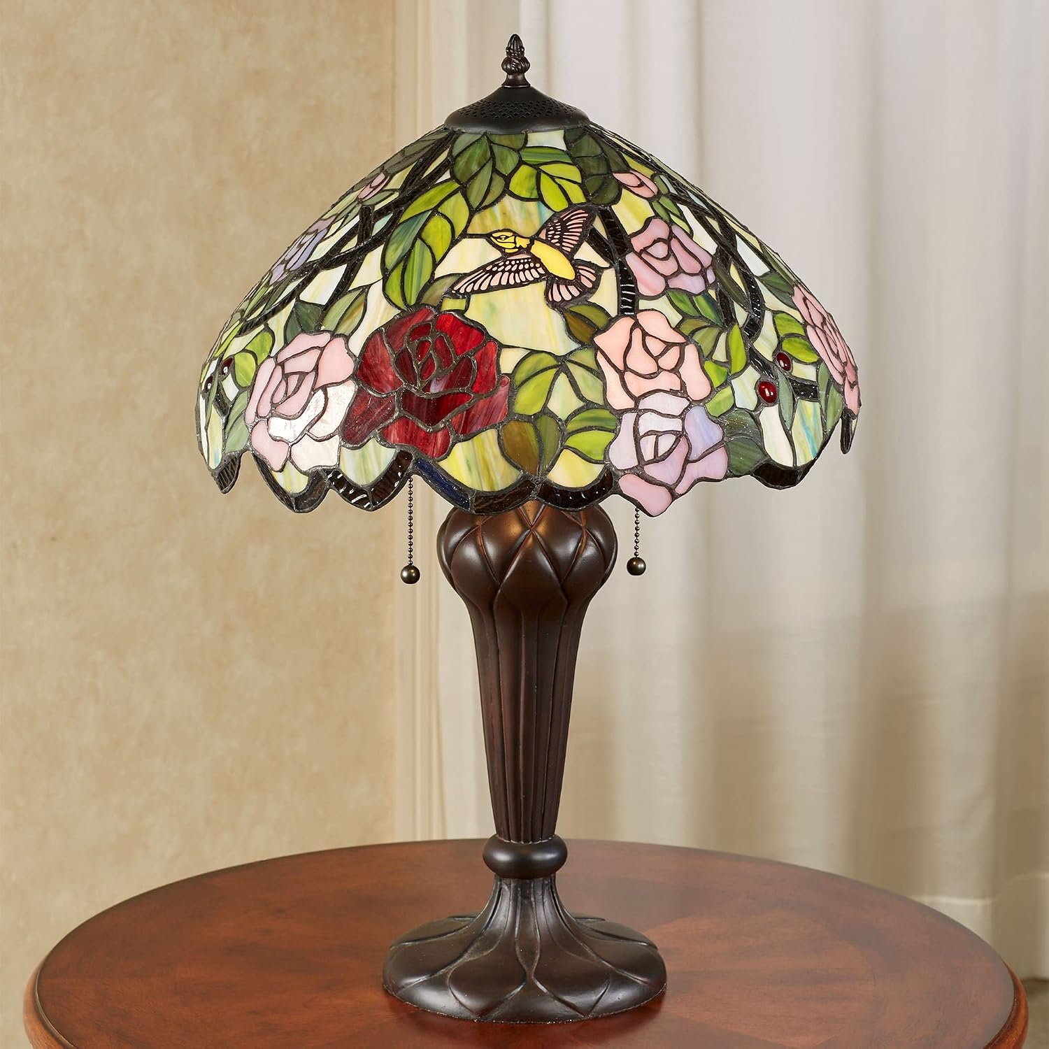 Touch of Class Roses Hummingbird Stained Glass Table Lamp - Tiffany Style - Art Nouveau Inspired - Pink, Green, Floral Theme for Bedside, Office Desk, Bedroom, Living Room