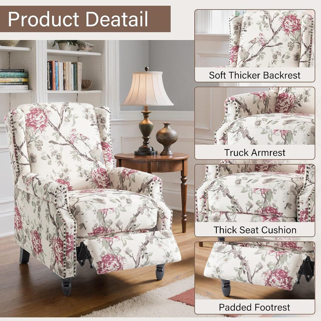 Floral Pushback Recliner Chair, Fabric Upholstered with Rivet Trim for Living Room, Home Theater Accent Club Chair - Red Floral