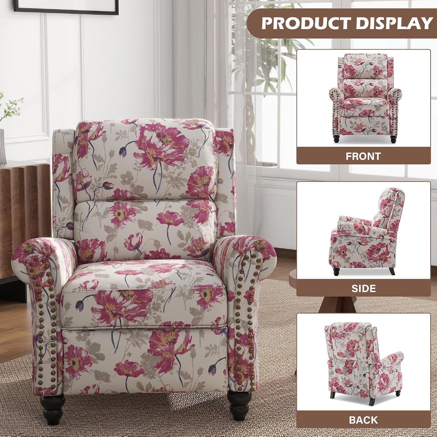 Pushback Recliner Chair, Fabric Armchair Push Back Accent Chair, Rivet Trim Club Chair Home Theater Overstuffed Single Sofa Reading Seat for Living Room, Pattern