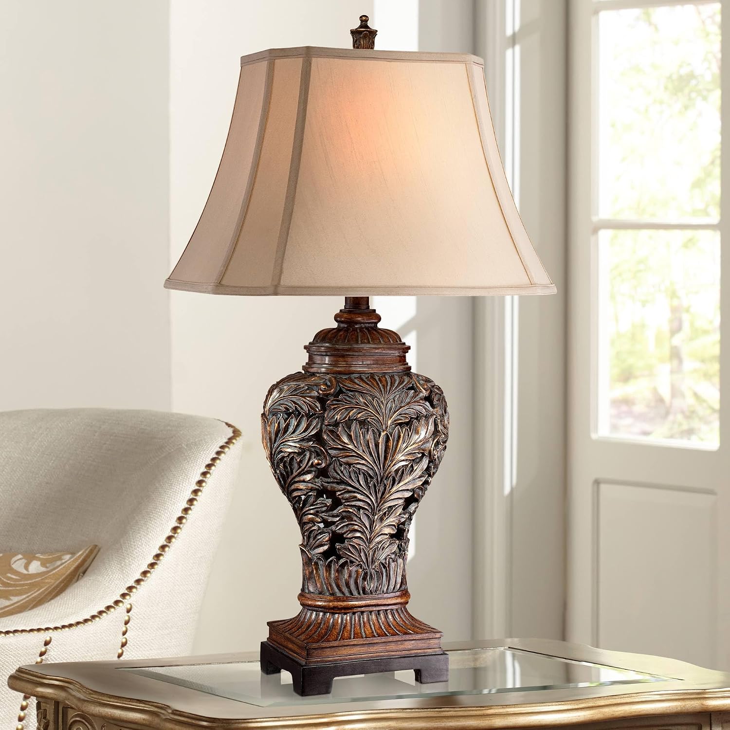 Barnes and Ivy Leafwork Traditional 3-Way Table Lamp 32 1/2' Tall with Dimmer and USB Charging Port Bronze Brown Tan Rectangular Shade for Bedroom Living Room Nightstand Bedside Night Stand Office
